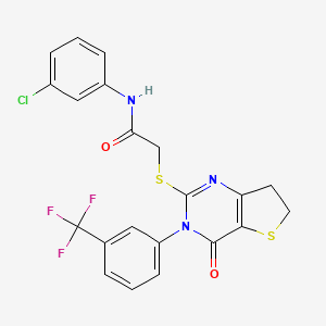 molecular formula C21H15ClF3N3O2S2 B2669489 N-(3-chlorophenyl)-2-((4-oxo-3-(3-(trifluoromethyl)phenyl)-3,4,6,7-tetrahydrothieno[3,2-d]pyrimidin-2-yl)thio)acetamide CAS No. 877654-19-8