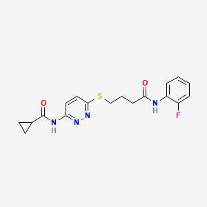 molecular formula C18H19FN4O2S B2669783 N-(6-((4-((2-fluorophenyl)amino)-4-oxobutyl)thio)pyridazin-3-yl)cyclopropanecarboxamide CAS No. 1021226-04-9