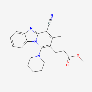 molecular formula C22H24N4O2 B2669933 methyl 3-[10-cyano-11-methyl-13-(piperidin-1-yl)-1,8-diazatricyclo[7.4.0.0^{2,7}]trideca-2(7),3,5,8,10,12-hexaen-12-yl]propanoate CAS No. 797771-29-0