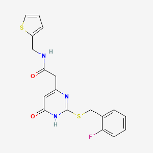 molecular formula C18H16FN3O2S2 B2670216 2-(2-((2-fluorobenzyl)thio)-6-oxo-1,6-dihydropyrimidin-4-yl)-N-(thiophen-2-ylmethyl)acetamide CAS No. 1105239-86-8