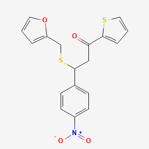 molecular formula C18H15NO4S2 B2670299 3-((呋喃-2-基甲基)硫)-3-(4-硝基苯基)-1-(噻吩-2-基)丙酮 CAS No. 306279-38-9