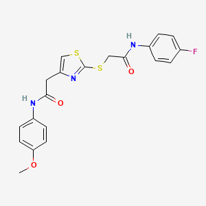 molecular formula C20H18FN3O3S2 B2670461 N-(4-fluorophenyl)-2-((4-(2-((4-methoxyphenyl)amino)-2-oxoethyl)thiazol-2-yl)thio)acetamide CAS No. 941874-33-5