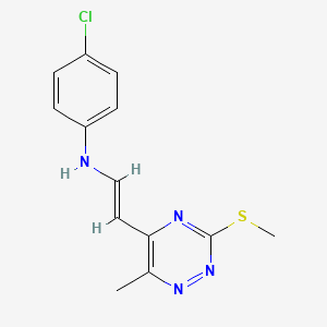 molecular formula C13H13ClN4S B2670475 N-(4-chlorophenyl)-N-{2-[6-methyl-3-(methylsulfanyl)-1,2,4-triazin-5-yl]vinyl}amine CAS No. 1164532-30-2