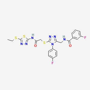 molecular formula C22H19F2N7O2S3 B2670502 N-((5-((2-((5-(ethylthio)-1,3,4-thiadiazol-2-yl)amino)-2-oxoethyl)thio)-4-(4-fluorophenyl)-4H-1,2,4-triazol-3-yl)methyl)-3-fluorobenzamide CAS No. 393840-38-5