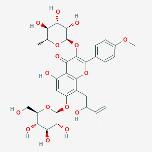 molecular formula C33H40O16 B2670618 5-Hydroxy-8-(2-hydroxy-3-methylbut-3-enyl)-2-(4-methoxyphenyl)-7-[(2S,3R,4S,5S,6R)-3,4,5-trihydroxy-6-(hydroxymethyl)oxan-2-yl]oxy-3-[(2R,3S,4S,5S,6R)-3,4,5-trihydroxy-6-methyloxan-2-yl]oxychromen-4-one CAS No. 2043020-08-0