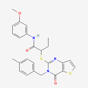 molecular formula C25H25N3O3S2 B2670649 N-(3-methoxyphenyl)-2-({3-[(4-methylphenyl)methyl]-4-oxo-3H,4H-thieno[3,2-d]pyrimidin-2-yl}sulfanyl)butanamide CAS No. 1795441-33-6
