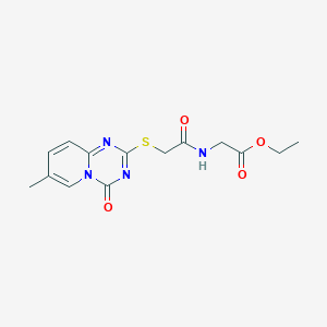 molecular formula C14H16N4O4S B2670829 Ethyl 2-[[2-(7-methyl-4-oxopyrido[1,2-a][1,3,5]triazin-2-yl)sulfanylacetyl]amino]acetate CAS No. 896321-21-4