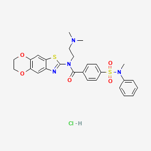 molecular formula C27H29ClN4O5S2 B2671032 N-(6,7-dihydro-[1,4]dioxino[2,3-f][1,3]benzothiazol-2-yl)-N-[2-(dimethylamino)ethyl]-4-[methyl(phenyl)sulfamoyl]benzamide;hydrochloride CAS No. 1052534-83-4