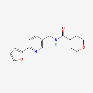 molecular formula C16H18N2O3 B2671069 N-{[6-(furan-2-yl)pyridin-3-yl]methyl}oxane-4-carboxamide CAS No. 2034475-37-9