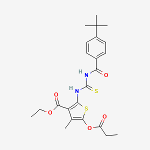 molecular formula C23H28N2O5S2 B2671295 ethyl 2-({[(4-tert-butylphenyl)formamido]methanethioyl}amino)-4-methyl-5-(propanoyloxy)thiophene-3-carboxylate CAS No. 398999-08-1