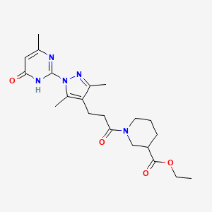 molecular formula C21H29N5O4 B2671550 ethyl 1-(3-(3,5-dimethyl-1-(4-methyl-6-oxo-1,6-dihydropyrimidin-2-yl)-1H-pyrazol-4-yl)propanoyl)piperidine-3-carboxylate CAS No. 1170063-99-6