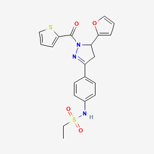 molecular formula C20H19N3O4S2 B2671552 N-{4-[5-(furan-2-yl)-1-(thiophene-2-carbonyl)-4,5-dihydro-1H-pyrazol-3-yl]phenyl}ethane-1-sulfonamide CAS No. 714263-20-4
