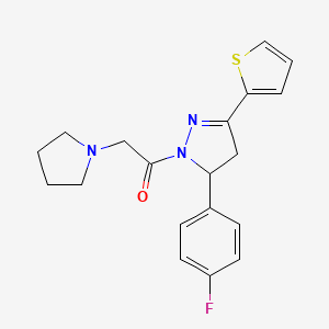 molecular formula C19H20FN3OS B2671555 1-[3-(4-Fluorophenyl)-5-thiophen-2-yl-3,4-dihydropyrazol-2-yl]-2-pyrrolidin-1-ylethanone CAS No. 442650-21-7