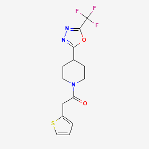 molecular formula C14H14F3N3O2S B2671568 2-(Thiophen-2-yl)-1-(4-(5-(trifluoromethyl)-1,3,4-oxadiazol-2-yl)piperidin-1-yl)ethanone CAS No. 1396843-83-6