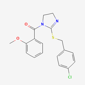 molecular formula C18H17ClN2O2S B2671582 (2-((4-chlorobenzyl)thio)-4,5-dihydro-1H-imidazol-1-yl)(2-methoxyphenyl)methanone CAS No. 851801-55-3