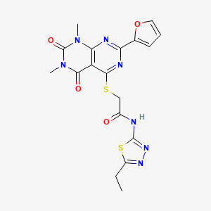 molecular formula C18H17N7O4S2 B2671742 N-(5-ethyl-1,3,4-thiadiazol-2-yl)-2-((2-(furan-2-yl)-6,8-dimethyl-5,7-dioxo-5,6,7,8-tetrahydropyrimido[4,5-d]pyrimidin-4-yl)thio)acetamide CAS No. 863003-73-0
