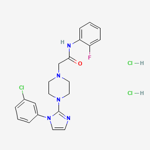 molecular formula C21H23Cl3FN5O B2671818 2-(4-(1-(3-chlorophenyl)-1H-imidazol-2-yl)piperazin-1-yl)-N-(2-fluorophenyl)acetamide dihydrochloride CAS No. 1323697-92-2