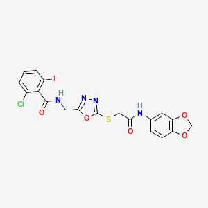 molecular formula C19H14ClFN4O5S B2671830 N-{[5-({[(2H-1,3-benzodioxol-5-yl)carbamoyl]methyl}sulfanyl)-1,3,4-oxadiazol-2-yl]methyl}-2-chloro-6-fluorobenzamide CAS No. 851786-14-6