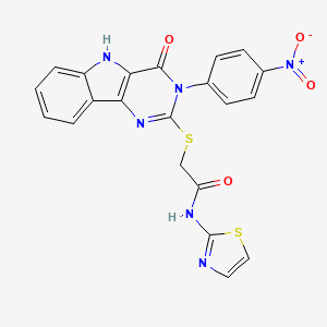 molecular formula C21H14N6O4S2 B2671854 2-((3-(4-nitrophenyl)-4-oxo-4,5-dihydro-3H-pyrimido[5,4-b]indol-2-yl)thio)-N-(thiazol-2-yl)acetamide CAS No. 536717-00-7