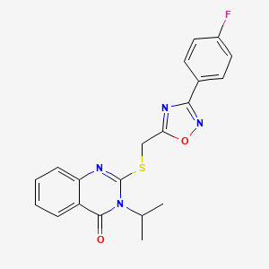 molecular formula C20H17FN4O2S B2671858 2-(((3-(4-fluorophenyl)-1,2,4-oxadiazol-5-yl)methyl)thio)-3-isopropylquinazolin-4(3H)-one CAS No. 2034575-63-6