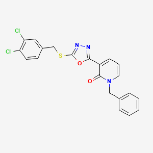 molecular formula C21H15Cl2N3O2S B2671896 1-benzyl-3-{5-[(3,4-dichlorobenzyl)sulfanyl]-1,3,4-oxadiazol-2-yl}-2(1H)-pyridinone CAS No. 242472-22-6