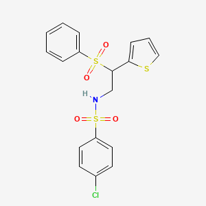 molecular formula C18H16ClNO4S3 B2671916 N-[2-(benzenesulfonyl)-2-(thiophen-2-yl)ethyl]-4-chlorobenzene-1-sulfonamide CAS No. 896341-75-6