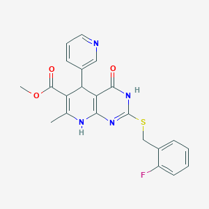 molecular formula C22H19FN4O3S B2672198 Methyl 2-((2-fluorobenzyl)thio)-7-methyl-4-oxo-5-(pyridin-3-yl)-3,4,5,8-tetrahydropyrido[2,3-d]pyrimidine-6-carboxylate CAS No. 537664-31-6