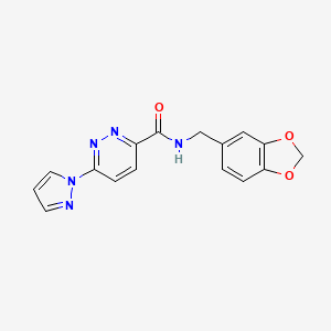 molecular formula C16H13N5O3 B2672209 N-(benzo[d][1,3]dioxol-5-ylmethyl)-6-(1H-pyrazol-1-yl)pyridazine-3-carboxamide CAS No. 1351631-01-0