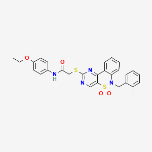 molecular formula C28H26N4O4S2 B2672334 N-(4-ethoxyphenyl)-2-({9-[(2-methylphenyl)methyl]-8,8-dioxo-8lambda6-thia-3,5,9-triazatricyclo[8.4.0.0^{2,7}]tetradeca-1(14),2(7),3,5,10,12-hexaen-4-yl}sulfanyl)acetamide CAS No. 895100-83-1
