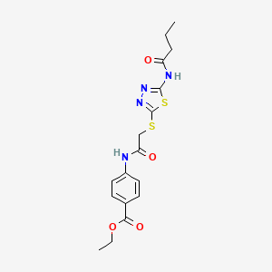 molecular formula C17H20N4O4S2 B2672407 Ethyl 4-(2-((5-butyramido-1,3,4-thiadiazol-2-yl)thio)acetamido)benzoate CAS No. 392292-51-2