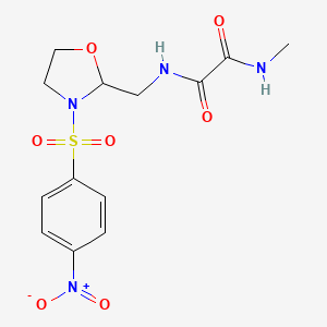 molecular formula C13H16N4O7S B2672480 N1-methyl-N2-((3-((4-nitrophenyl)sulfonyl)oxazolidin-2-yl)methyl)oxalamide CAS No. 868982-22-3
