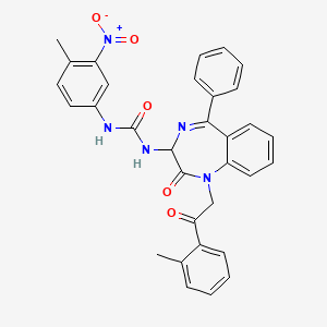 molecular formula C32H27N5O5 B2672482 N-(2,5-diaza-2-(2-(2-methylphenyl)-2-oxoethyl)-3-oxo-6-phenylbicyclo[5.4.0]undeca-1(7),5,8,10-tetraen-4-yl)((4-methyl-3-nitrophenyl)amino)formamide CAS No. 1796891-66-1