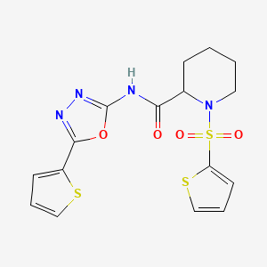 molecular formula C16H16N4O4S3 B2672585 N-[5-(thiophen-2-yl)-1,3,4-oxadiazol-2-yl]-1-(thiophene-2-sulfonyl)piperidine-2-carboxamide CAS No. 1049832-88-3