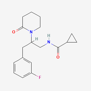 molecular formula C18H23FN2O2 B2672594 N-[3-(3-Fluorophenyl)-2-(2-oxopiperidin-1-YL)propyl]cyclopropanecarboxamide CAS No. 1421494-74-7