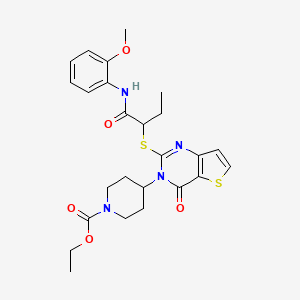 molecular formula C25H30N4O5S2 B2672615 ethyl 4-[2-({1-[(2-methoxyphenyl)amino]-1-oxobutan-2-yl}sulfanyl)-4-oxothieno[3,2-d]pyrimidin-3(4H)-yl]piperidine-1-carboxylate CAS No. 1326884-03-0