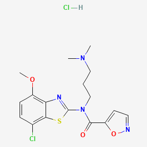 molecular formula C17H20Cl2N4O3S B2672800 N-(7-CHLORO-4-METHOXY-1,3-BENZOTHIAZOL-2-YL)-N-[3-(DIMETHYLAMINO)PROPYL]-1,2-OXAZOLE-5-CARBOXAMIDE HYDROCHLORIDE CAS No. 1215762-52-9
