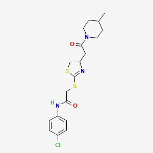 molecular formula C19H22ClN3O2S2 B2672818 N-(4-chlorophenyl)-2-((4-(2-(4-methylpiperidin-1-yl)-2-oxoethyl)thiazol-2-yl)thio)acetamide CAS No. 953932-61-1