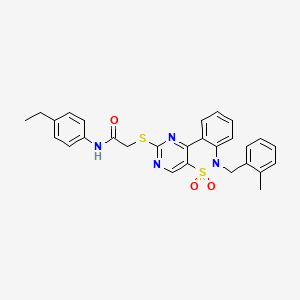 molecular formula C28H26N4O3S2 B2673005 N-(4-ethylphenyl)-2-({9-[(2-methylphenyl)methyl]-8,8-dioxo-8lambda6-thia-3,5,9-triazatricyclo[8.4.0.0^{2,7}]tetradeca-1(14),2(7),3,5,10,12-hexaen-4-yl}sulfanyl)acetamide CAS No. 895101-03-8