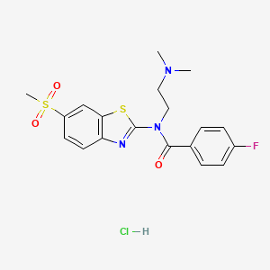 molecular formula C19H21ClFN3O3S2 B2673114 N-(2-(dimethylamino)ethyl)-4-fluoro-N-(6-(methylsulfonyl)benzo[d]thiazol-2-yl)benzamide hydrochloride CAS No. 1216973-30-6