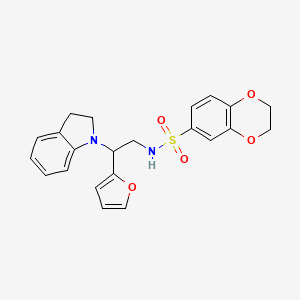 molecular formula C22H22N2O5S B2673150 N-(2-(furan-2-yl)-2-(indolin-1-yl)ethyl)-2,3-dihydrobenzo[b][1,4]dioxine-6-sulfonamide CAS No. 898432-85-4