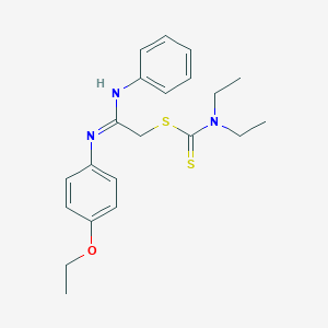 molecular formula C21H27N3OS2 B026732 Diethylcarbamodithioic acid 2-((4-ethoxyphenyl)amino)-2-(phenylimino)ethyl ester CAS No. 105858-89-7