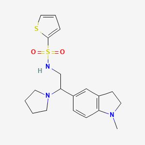molecular formula C19H25N3O2S2 B2673247 N-(2-(1-methylindolin-5-yl)-2-(pyrrolidin-1-yl)ethyl)thiophene-2-sulfonamide CAS No. 946342-93-4