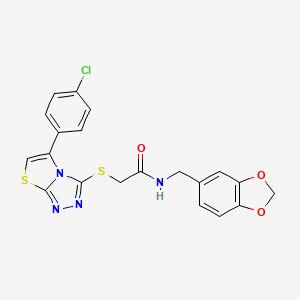 molecular formula C20H15ClN4O3S2 B2673248 N-[(2H-1,3-benzodioxol-5-yl)methyl]-2-{[5-(4-chlorophenyl)-[1,2,4]triazolo[3,4-b][1,3]thiazol-3-yl]sulfanyl}acetamide CAS No. 671199-94-3