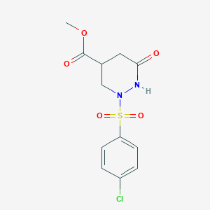 molecular formula C12H13ClN2O5S B2673328 Methyl 2-[(4-chlorophenyl)sulfonyl]-6-oxohexahydro-4-pyridazinecarboxylate CAS No. 339096-87-6
