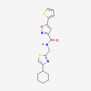 molecular formula C18H19N3O2S2 B2673345 N-((4-cyclohexylthiazol-2-yl)methyl)-5-(thiophen-2-yl)isoxazole-3-carboxamide CAS No. 2034541-67-6