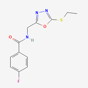 molecular formula C12H12FN3O2S B2673637 N-{[5-(ethylsulfanyl)-1,3,4-oxadiazol-2-yl]methyl}-4-fluorobenzamide CAS No. 921130-80-5