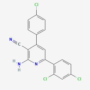 molecular formula C18H10Cl3N3 B2673827 2-Amino-4-(4-chlorophenyl)-6-(2,4-dichlorophenyl)nicotinonitrile CAS No. 338794-12-0