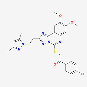 molecular formula C26H25ClN6O3S B2673892 1-(4-chlorophenyl)-2-({2-[2-(3,5-dimethyl-1H-pyrazol-1-yl)ethyl]-8,9-dimethoxy-[1,2,4]triazolo[1,5-c]quinazolin-5-yl}sulfanyl)ethan-1-one CAS No. 1015861-18-3