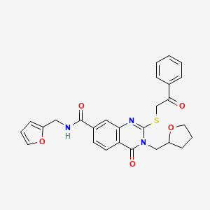 molecular formula C27H25N3O5S B2673935 N-[(furan-2-yl)methyl]-4-oxo-2-[(2-oxo-2-phenylethyl)sulfanyl]-3-[(oxolan-2-yl)methyl]-3,4-dihydroquinazoline-7-carboxamide CAS No. 443348-21-8