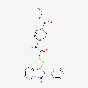 molecular formula C25H22N2O3S B2674047 ethyl 4-(2-((2-phenyl-1H-indol-3-yl)thio)acetamido)benzoate CAS No. 536702-60-0
